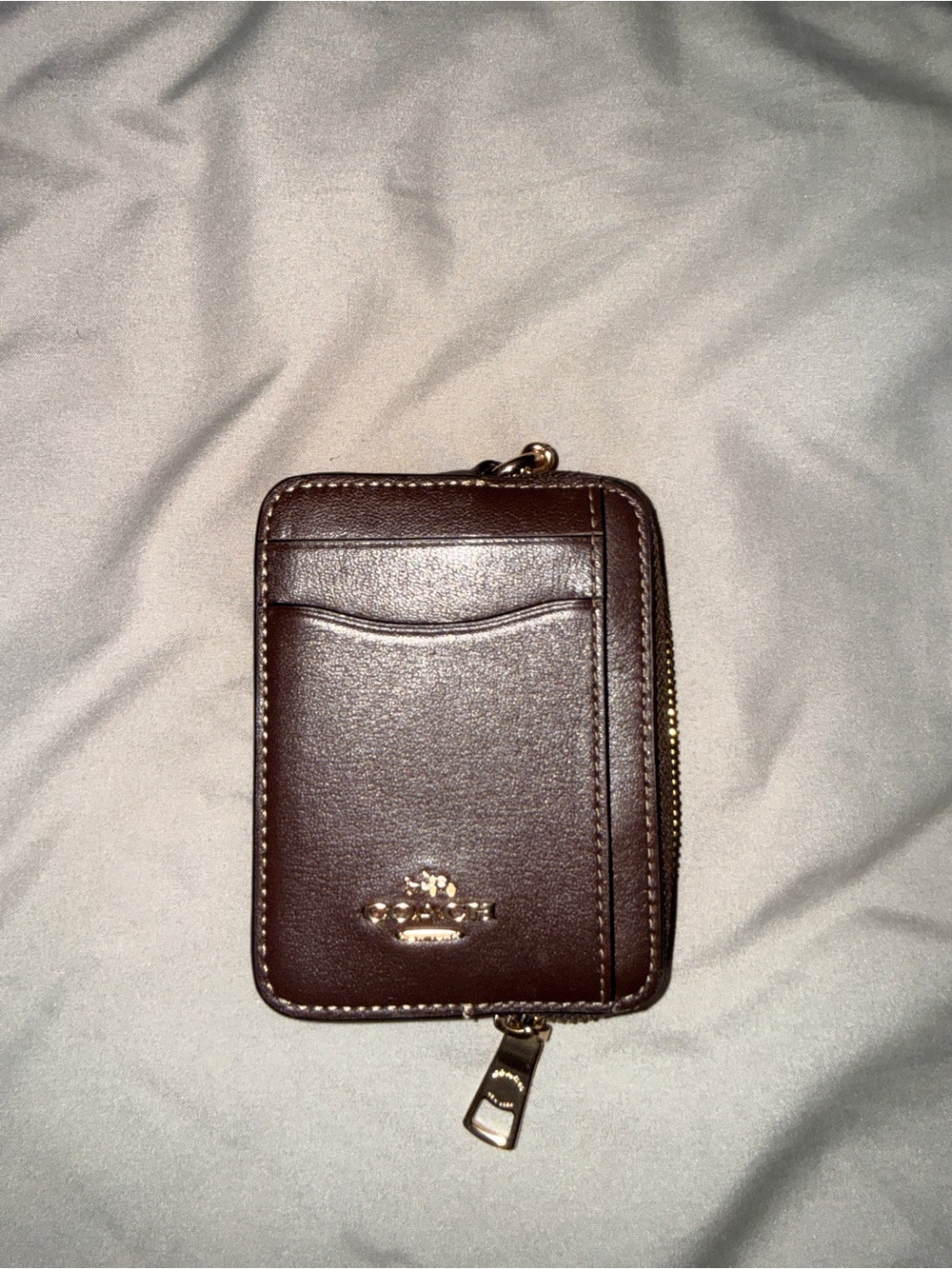 Coach Brown Leather Zip Card Holder with Gold Logo